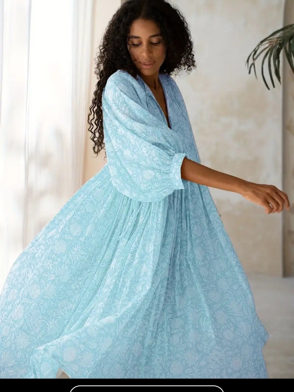 Light Blue Floral Wrap Dress with White Botanical Print